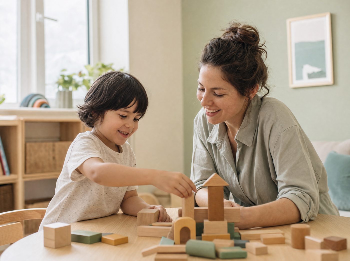 Kind und Therapeutin spielen mit Bauklötzen in einem hellen Therapieraum