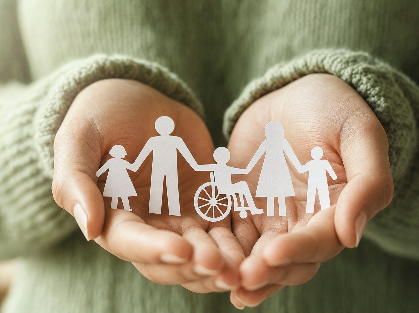 Zwei Hände halten eine Papierfamilie mit einer Rollstuhl-Figur